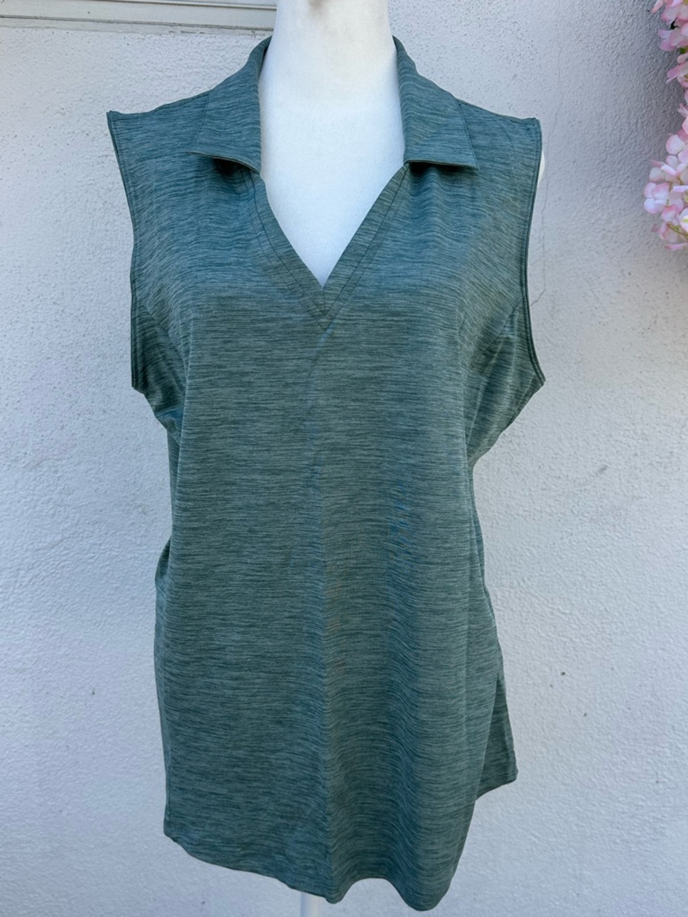 Lady Hagen Heathered Sage V-Neck Sleeveless Polo Tank